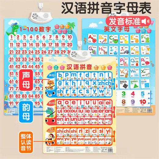Benben Beibei Audio Educación temprana Póster de alfabetización para bebés Pinyin Ilustración para niños Alphabet Alphabet Pegatinas de pared para niños Pinyin + Números + letras [3 piezas con audio]
