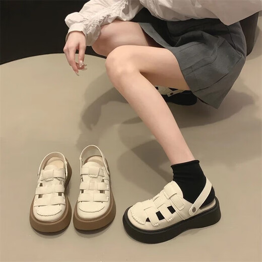高级感厚底罗马凉鞋女夏季两穿包头半拖2025新款沙滩凉拖鞋洞洞鞋 卡其色 39