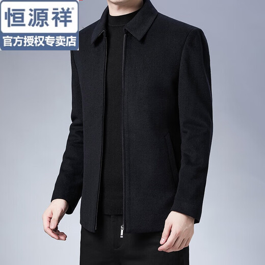 恒源祥中老年毛呢大衣男短款翻领秋冬季男士羊毛呢子外套爸爸装夹克男装 黑色 3XL 185