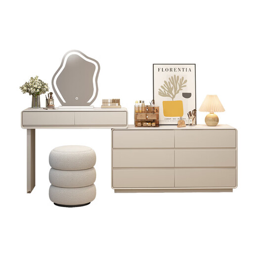 Xinang Dressing Table Modern 2025 Cream Style Slate Bedroom Simple New Light Luxurious Style Solid Wood Dressing Table and Cabinet In One 80cm White + Three Drawer Cabinet + Cloud Mirror + Petal Chair