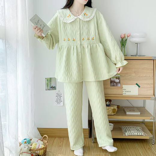 柒阅芒孕妇睡衣秋冬季不勒肚空气棉夹层待产妇月子服套装哺乳春秋 2677棕色 XXL 150-170斤穿