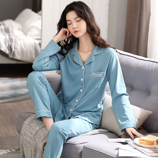 冰概念纯色控   纯棉睡衣女士长袖春秋季加大码外穿简约女生家居服套装 纯色9901 4XL