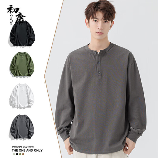 Early Tang heavyweight pure cotton long-sleeved T-shirt men's washed Henley round neck spring and autumn pullover clothes gray 2XL