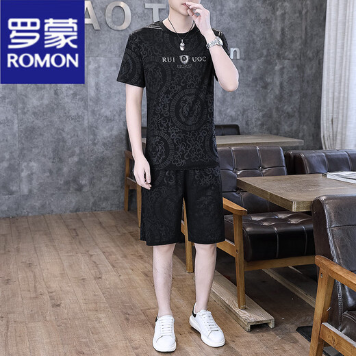 罗蒙（ROMON）夏季薄款运动休闲套装短裤睡衣男纯色压花五分裤冰丝短袖t恤一套 863白色套装 【短袖】 XL 120-135斤