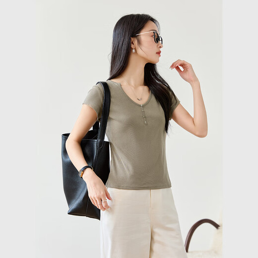 梵希蔓纯色正肩U领短袖T恤女2025年夏季新款简约百搭修身显瘦上衣 M9731 灰绿色 XL