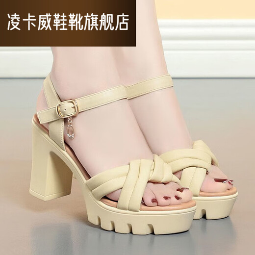 Lingka Qiyuzui shoes summer sandals open toe one-line elegant high heels thick sole waterproof platform versatile black 6.5 cm style 35