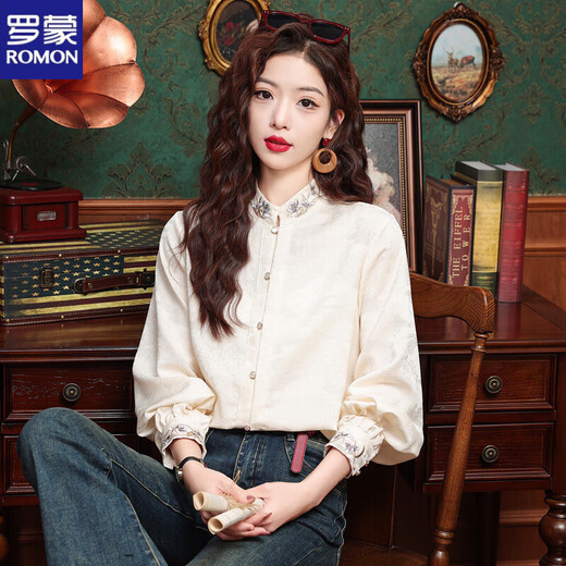 ROMON stand collar embroidered long-sleeved shirt for women high-end jacquard women's clothing 2025 early autumn new new Chinese style national style shirt apricot L (recommended 100-110Jin Jin equals 0.5 kg)