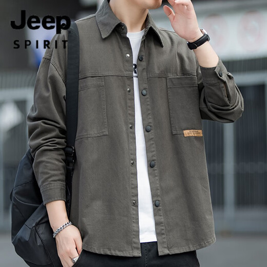 JEEP SPIRIT吉普长袖衬衫男2025春秋款工装外套男新款上衣青年简约时尚休闲衬 K12108白色 M 约100-120斤可穿