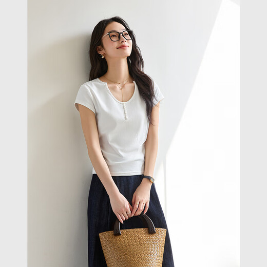 Vanciman Solid Color U-Neck Kurzärärmelte T-Shirt für Frauen im Sommer 2025 Neu einfaches und vielseitiges Schlankes Fit Top M9731 Off-White S