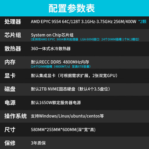 AMD EPYC (XIAOLONG) Dual-canal 9754/9654 Simulación industrial Computación de despliegue de localización profunda/CPU Renderización de la CPU Científica Computación Análisis de elementos finitos Torre Server de doble canal 9554 3.1G 128 Core 256 Hilos 256 Memoria 丨 2T Estado sólido 丨 Display colaborativa Pantalla