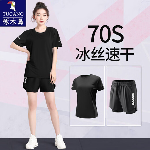 Woodpecker fitness sports suit for women summer running speed drying clothes large size short sleeve shorts badminton yoga suit thin top black suit B [ice silk: quick drying: breathable] XL: [140-160Jin [Jin equals 0.5 kg]]