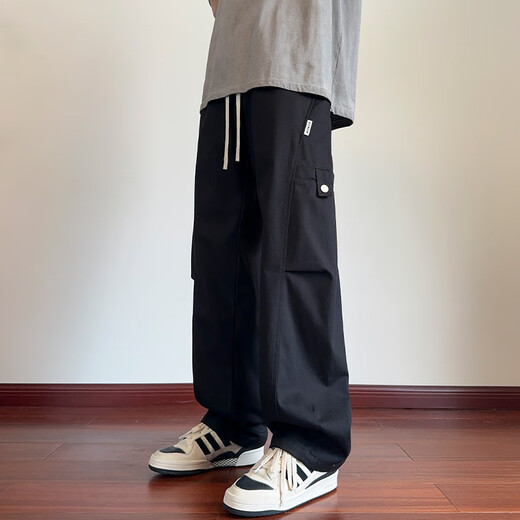 
Dingfengbaoluo pure cotton work pants men's retro versatile American casual handsome scimitar wide-leg long pants ZX02 black XL