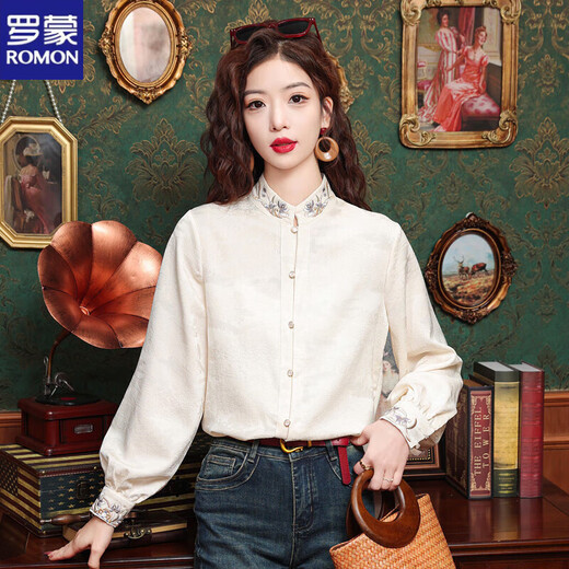 ROMON stand collar embroidered long-sleeved shirt for women high-end jacquard women's clothing 2025 early autumn new new Chinese style national style shirt apricot L (recommended 100-110Jin Jin equals 0.5 kg)