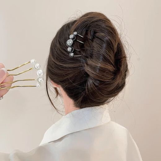珍珠发梳u型发夹2025新款四齿盘发固定神器头发插梳发卡发簪发饰 波浪珍珠发梳【金色】