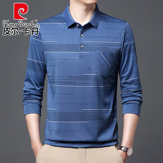 皮尔卡丹（pierre cardin）夏季冰丝男士t恤长袖春秋新款中老年休闲男装薄款爸爸有兜体恤衫 B753横条 蓝色 4XL 190/130/58