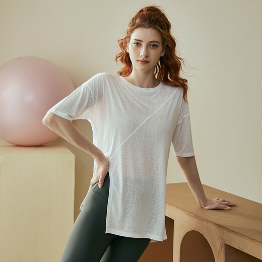 Jia Miao loose quick-drying sports t-shirt yoga wear women's summer short-sleeved Pilates training fitness tops large size blouse white S