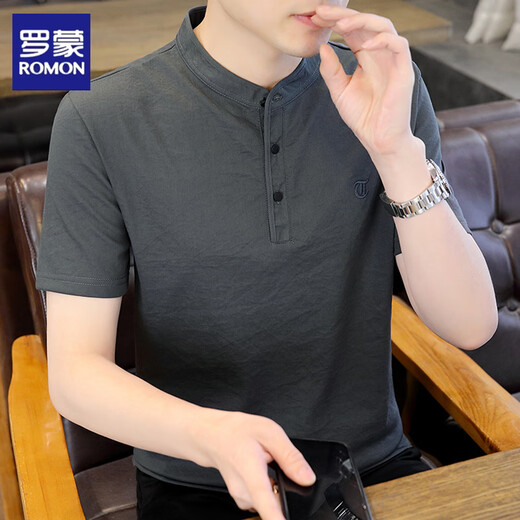 Luo Meng men's stand collar short-sleeved summer linen shirt t-shirt thin new Chinese style cotton and linen half-sleeved casual tops men's 62372 black XL