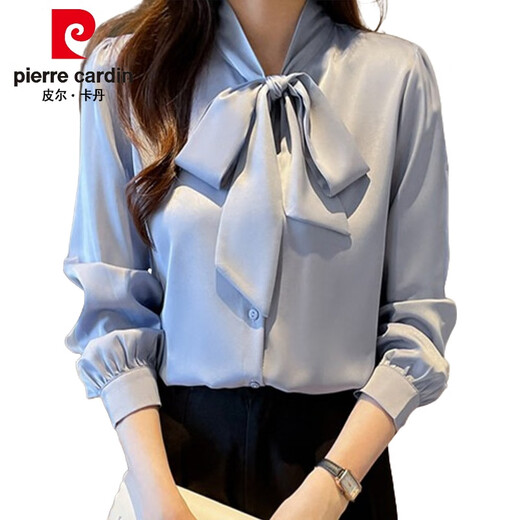 皮尔卡丹（pierre cardin）杭州真丝衬衫女长袖春装新款法式蝴蝶结衬衣感抗皱桑蚕丝上衣 杏色9276款 2XL :125-135斤