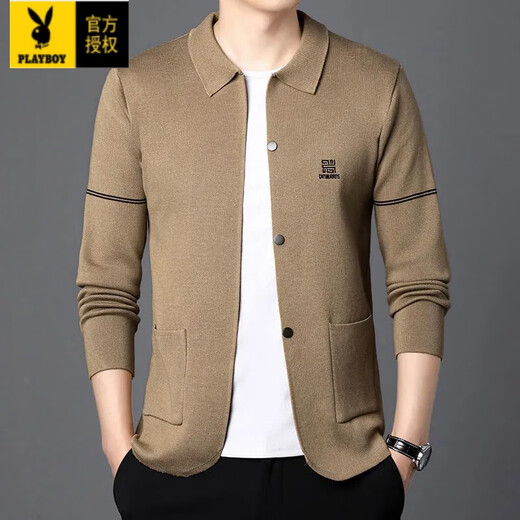Playboy (Playboy) Stricker Strickjacke für Männer Frühling und Herbst 2025 Neue trendige reine Wolle Außenpullover Herren-Gelegenheitsjacke Männer Khaki M [geeignet für 95-120jin [Jin gleich 0,5 kg]]]]]