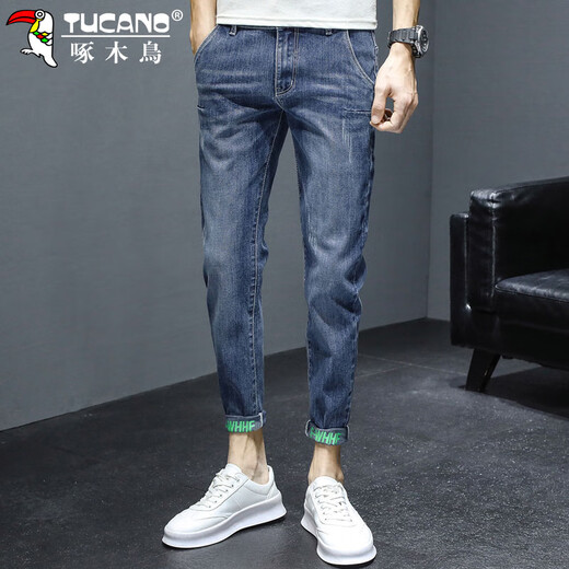 Specht (Tucano) Jeans Hosen Hosen Herren Frühling und Sommer Schlankes lässig kleine Füße geschnittene Hosen Männer Elastische trendige Herrenhosen blau grau 32
