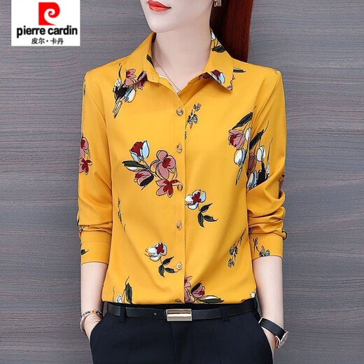 皮尔卡丹（pierre cardin）印花衬衫女长袖春秋装新款洋气雪纺衬衣中妈妈减龄百搭洋气上衣 LRJ 3519 大红 M (建议90-100斤)