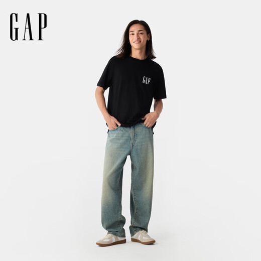 Gap [Valentine's Day] Men's and Women's Spring New Printed Cotton Round Neck Loose Short Sleeve T-shirt American Version 729123 Black M US Code L Asian Code 180/96A