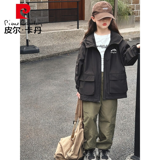 皮尔卡丹（pierre cardin）女童冲锋衣2025秋冬新款三合一户外露营防风外套女孩登山连帽夹克 夹棉黑冲锋衣826 160 cm