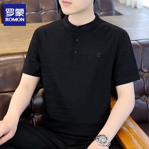 Luo Meng men's stand collar short-sleeved summer linen shirt t-shirt thin new Chinese style cotton and linen half-sleeved casual tops men's 62372 black XL