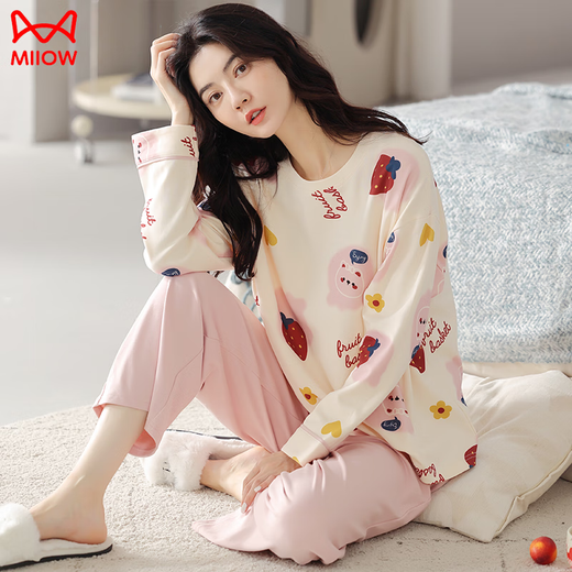 猫人（MiiOW）睡衣女款春秋款女2025新款纯棉布料全棉长袖春秋季柔美家居服 主图款MM:9901杏色喝奶茶小熊 套 M