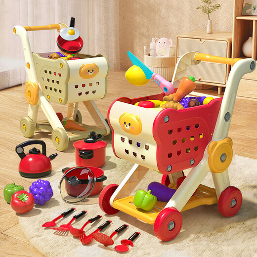 Wanre Children's Play House Cart Toys Baby Small Trolley Fruit Fruit Cher Le Kitchen Supermercados y niñas Compras de compras de tres pisos [Ultra gran capacidad] Diseño anti-inversión [paquete adicional] [solo 15 frutas y verduras]