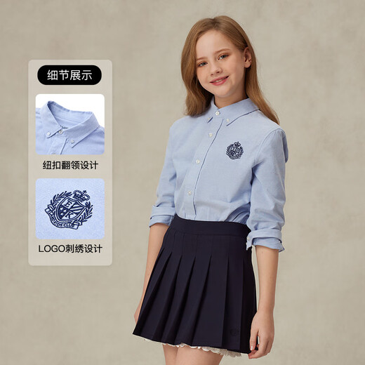 E LAND KIDS 100% cotton Eland boys and girls shirt summer college style badge embroidery pure cotton long sleeve Blue blue/50 120 cm