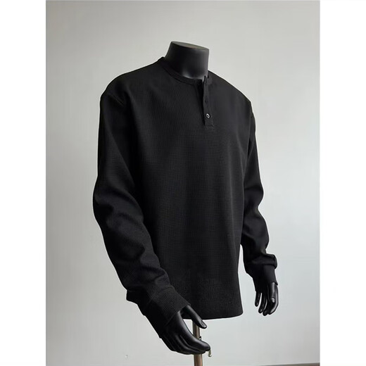 Si Yan high-end gray American cleanfit Henry shirt men's waffle long-sleeved T-shirt right shoulder small neckline bottoming sweatshirt black XL135-150Jin Jin equals 0.5 kg one size