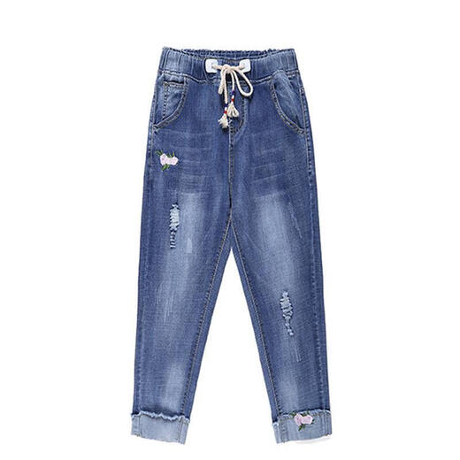 Shukaren ripped denim cropped pants for women summer thin elastic waist harem pants high waist Korean loose fat mm embroidered foot pants 3523# light blue 26