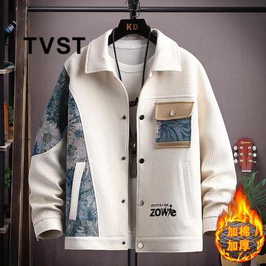 TVST Light Luxury Brand Men's Waffle Casual Jackets Men's 2025 Spring and Autumn New Loose Lapel Tops 525 Beige White Cotton Style Thickened 2XL (Approximately 140~160 Jin Jin is equal to 0.5 kg can be worn)