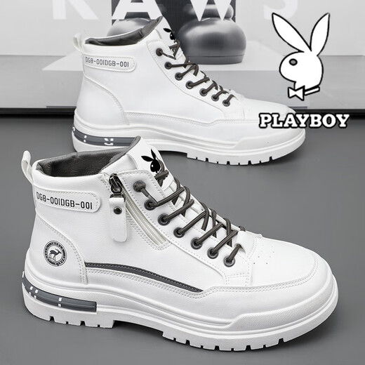 Playboy (Playboy) Zapatos para hombres High Top Otoño e Invierno Nuevo 2025 Casual Retro Retro espesa Altura que mejora los zapatos de cuero transpirable Botas de moda para hombres Martin White Grey 844 41