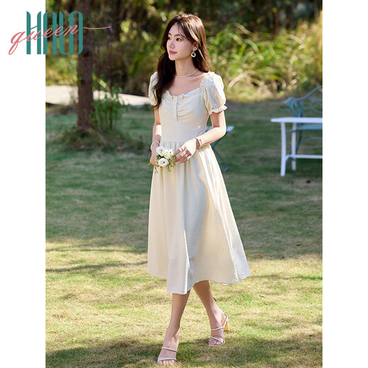 Halo Queen短袖连衣裙女夏季法式甜美风长裙泡泡袖小众气质连衣裙H52Q006