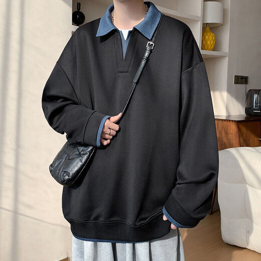 Four fake two-piece Henry collar sweatshirt for men, spring and autumn high-end shirt-style jacket, loose and handsome polo collar pullover top, black M, one size fits all