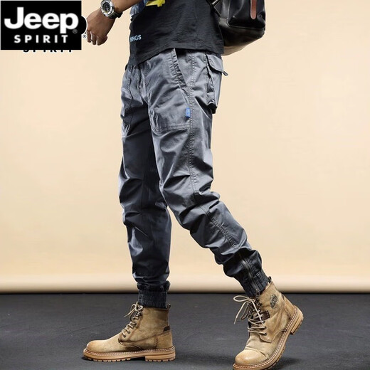 JEEP SPIRIT美式四季款休闲裤机能工装裤男宽松束脚裤男士百搭弹力长裤子 JP-679黑色【春秋款】 L 建议110-125斤