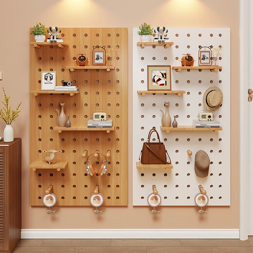 Julihui solid wood hole board hanging board storage rack kindergarten display rack custom wooden wall panel entrance wall bookshelf 60x80 base plate wood grain color