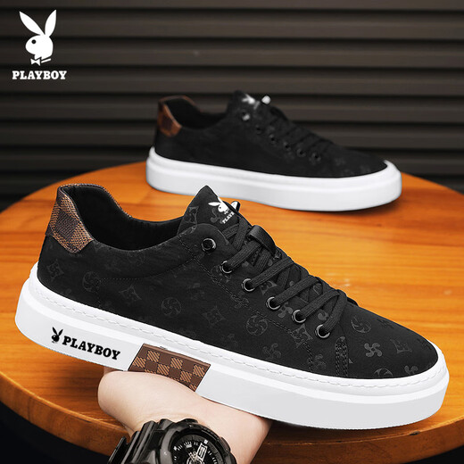 Playboy (PLAYBOY) men's shoes 2025 summer canvas shoes men's breathable board shoes ice silk casual sneakers black 42

