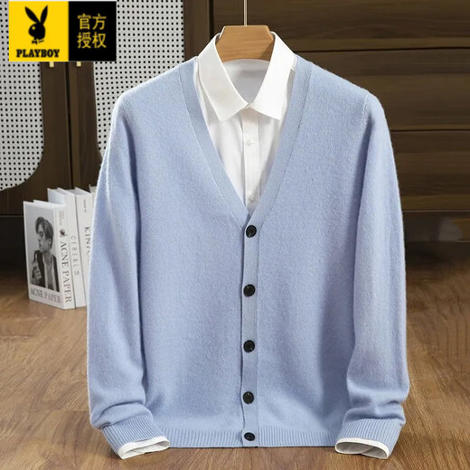 Playboy (PLAYBOY) wool cardigan men's V-neck outer wear knitted cardigan spring and autumn new casual loose large size men's sweater jacket trendy black without shirt L 130-150Jin Jin equals 0.5 kg