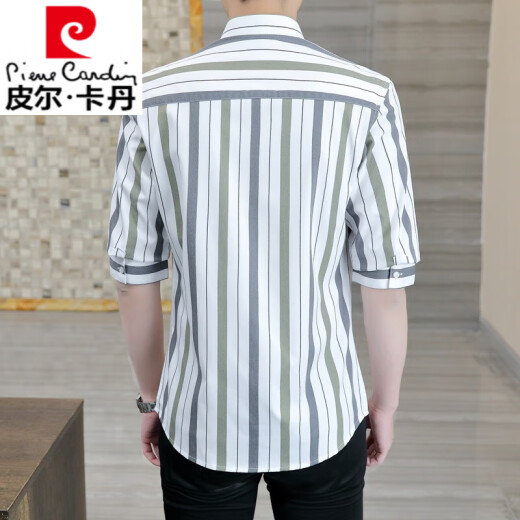 皮尔卡丹（pierre cardin）2025夏季短袖衬衫男修身帅气条纹五分中袖衬衣男款休闲半袖上衣 DC679卡其色 L (110-120斤)