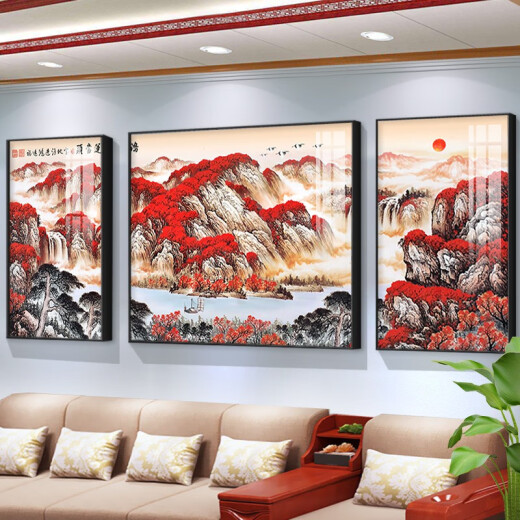 新中式客厅装饰画简约大气沙发背景墙软装壁画办公室山水风景挂画 TXMG4867 中间70*50cm/左右35*50cm适用2