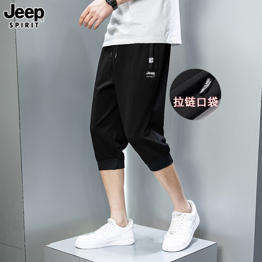JEEP SPIRIT吉普纯棉七分裤男款夏季薄款宽松中裤2025新款跑步休闲直筒短裤男 黑色直筒 2XL （建议125-145）斤