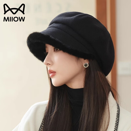 Catman Hat Women's Autumn and Winter Thickened Warm Ear-Proofing Beret Fashionable and Versatile Winter Octagonal Women's Hat Literary Showing Face Small Khaki One Size