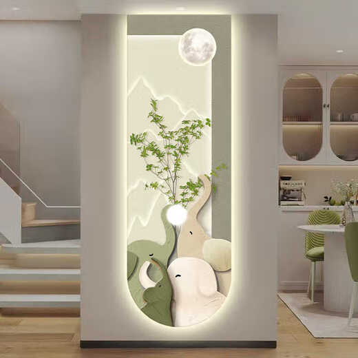 Decorative painting of the four-member elephant decorative painting of the entrance of the family of four, buttery style corridor hanging painting led lighting high-end wall murals T12529 (uv exquisite carving without frame) 30*90 (small size carefully selected) Crystal porcelain picture/no light