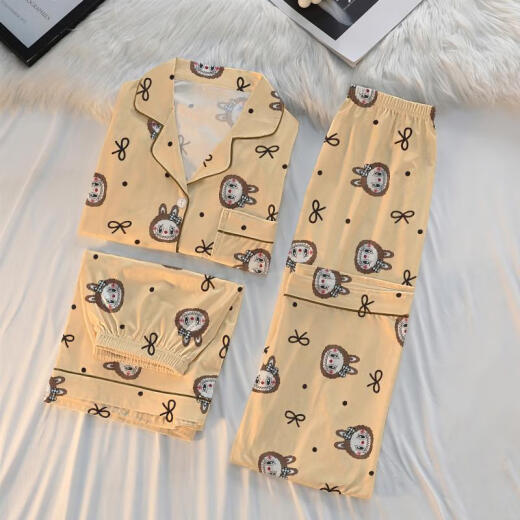 Catman 2025 New Cartoon süße kurzärmelige Pyjamas Drei-teilige Set für Außen 14126# Labubu Kurzärärmelte + Shorts + Hosen 2xl 125-145Jin [Jin entspricht 0,5 kg]