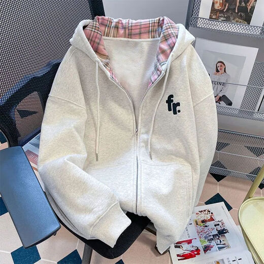 Yuan Beiying retro plaid hooded sweatshirt jacket for women spring and autumn 2025 new style loose and lazy white gray velvet thickened M 86-105Jin Jin equals 0.5 kg