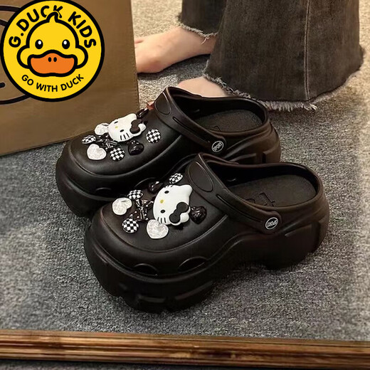 G·DUCK KIDS儿童拖鞋夏季新款厚底洞洞鞋女凯蒂猫增高防滑软底包头拖鞋 白色+粉蝴蝶结猫[厚底7.0]EVA 36 -37[适合35-36]