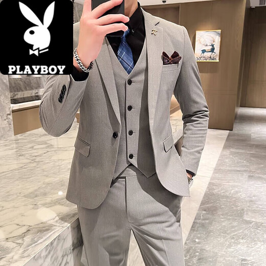 Playboy (PLAYBOY) men's suit suit Korean version slim fit groom wedding formal dress casual British iron-free suit jacket 1818 light gray suit + pants + vest XL recommended 120-135 Jin Jin equals 0.5 kg
